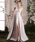 A Line Satin Scoop Appliques Sweep Train Prom Dresses With Slit LBQ0291